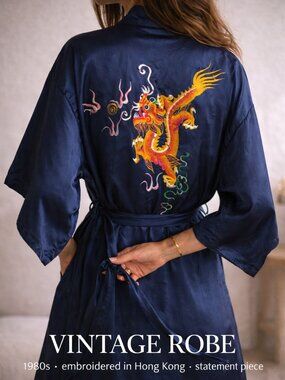 Vintage 70s 80s Goldfish Brand Robe Blue Dragon Embroidered Kimono Belted